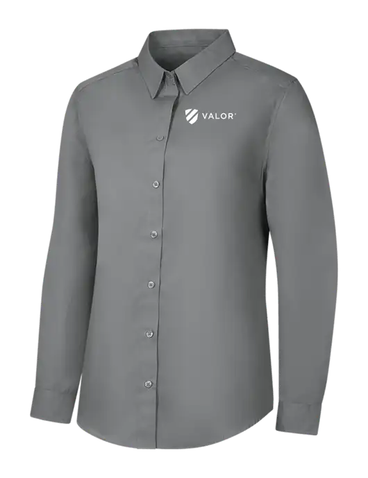 Womens Medium Grey Long Sleeve Carefree Poplin Shirt w/Valor Logo