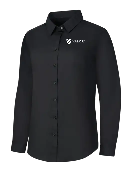 Womens Black Long Sleeve Carefree Poplin Shirt w/Valor Logo