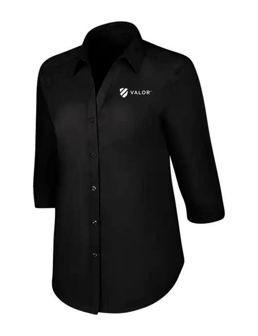 Womens Black 3/4 Sleeve Carefree Poplin Shirt w/Valor Logo