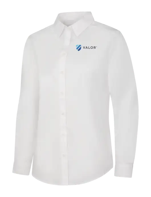 Womens White Long Sleeve Carefree Poplin Shirt w/Valor Logo