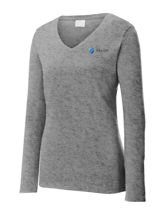 Womens  V-Neck Ring Spun Grey Heather 4.5 oz Long Sleeve T-Shirt w/Valor Logo