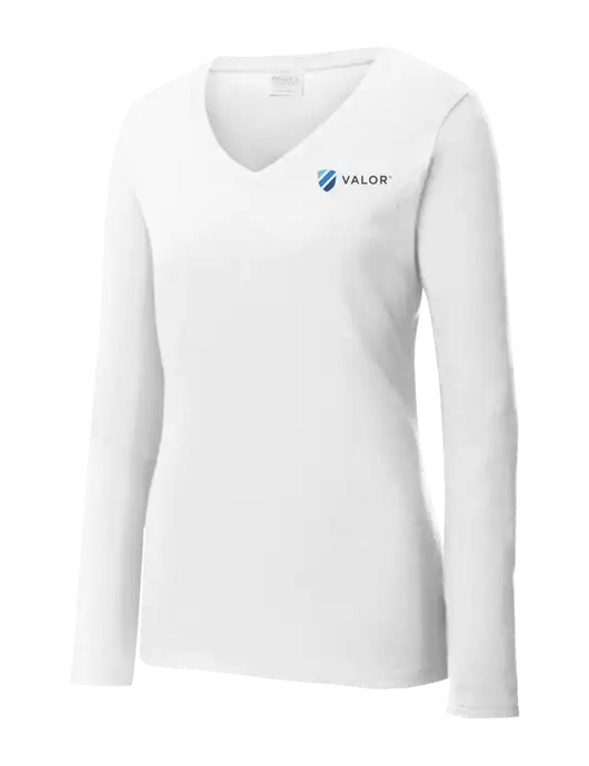 Womens  V-Neck Ring Spun White 4.5 oz Long Sleeve T-Shirt w/Valor Logo