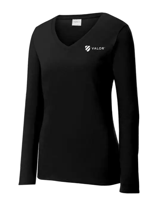 Womens V-Neck Ring Spun Jet Black 4.5 oz Long Sleeve T-Shirt w/Valor Logo