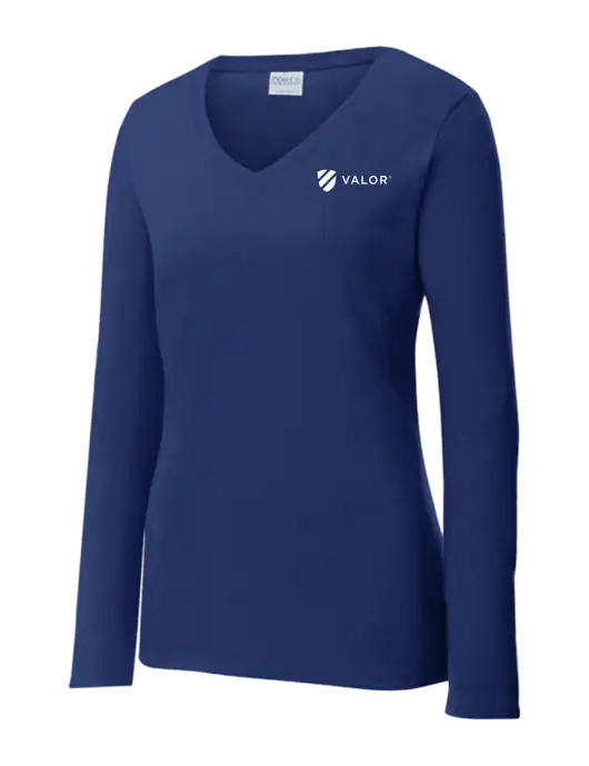 Womens  V-Neck Ring Spun Navy 4.5 oz Long Sleeve T-Shirt w/Valor Logo