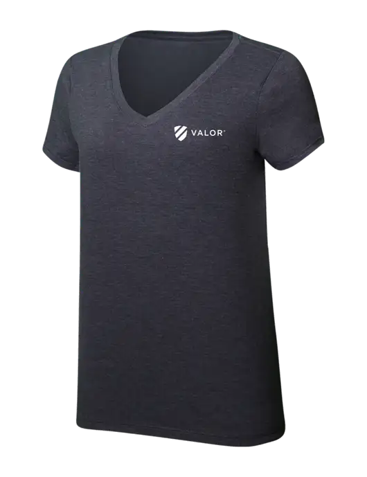Womens Simply Soft V-Neck Heather Charcoal 4.5oz  Poly/Combed Ring Spun Cotton T-Shirt w/Valor Logo