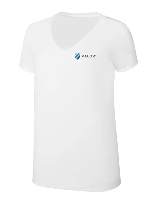 Womens Simply Soft V-Neck White 4.5oz  Poly/Combed Ring Spun Cotton T-Shirt w/Valor Logo
