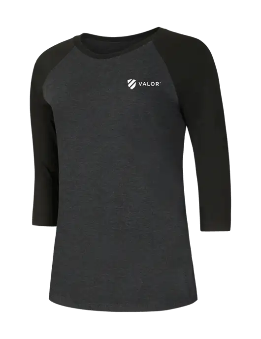 Womens Simply Soft 3/4 Sleeve Black/Black Frost Ring Spun Cotton T-Shirt w/Valor Logo