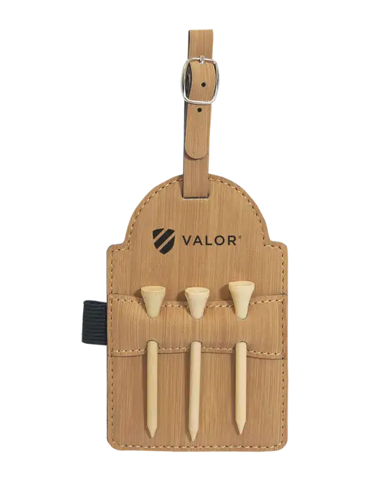 Bamboo Leatherette Golf Bag Tag with 3 Wooden Tees w/Valor Logo