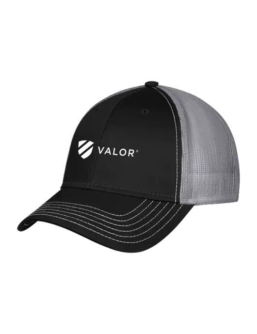 Black/Medium Dark Grey Mesh Trucker Cap Snap Back w/Valor Logo
