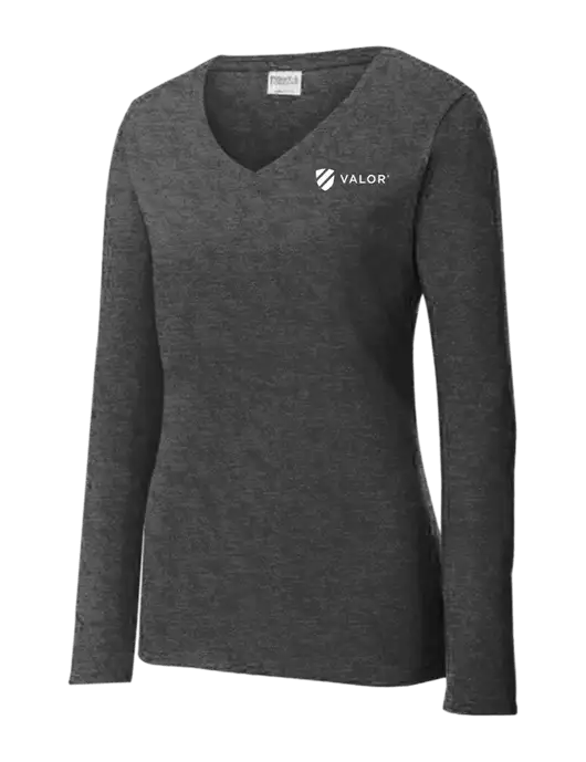 Womens  V-Neck Ring Spun Dark Heather Grey 4.5 oz Long Sleeve T-Shirt w/Valor Logo