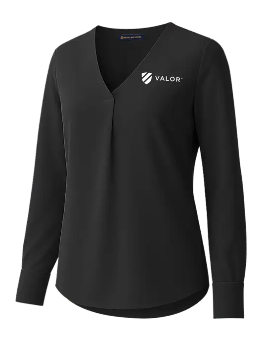 Brooks Brothers Womens Black Open-Neck Satin Blouse  w/Valor Logo