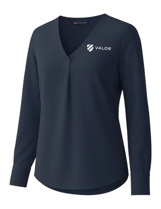 Brooks Brothers Womens Dark Navy Open-Neck Satin Blouse  w/Valor Logo