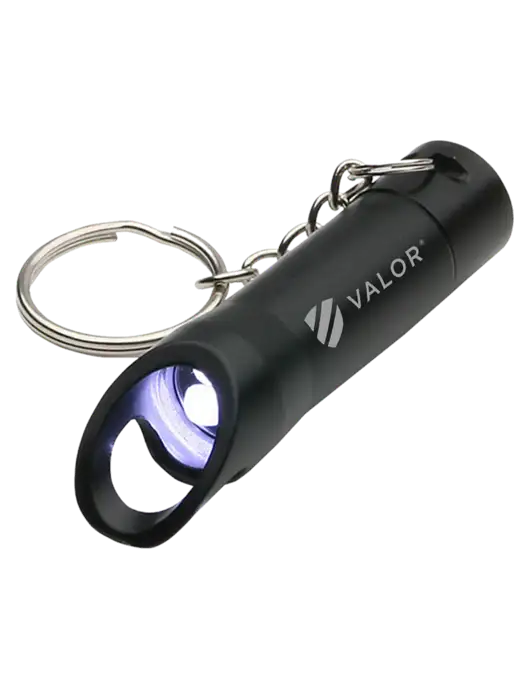 Black Pocket LED Flashlight with Bottle Opener & Keychain w/Valor Logo