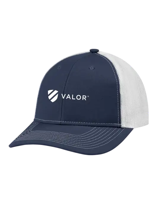 Snapback Ponytail Trucker Cap Navy w/White Mesh w/Valor Logo