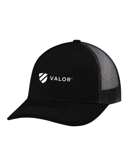 Snapback Ponytail Trucker Cap Black w/Black Mesh w/Valor Logo