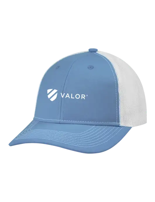 Snapback Ponytail Trucker Cap Carolina Blue w/White Mesh w/Valor Logo