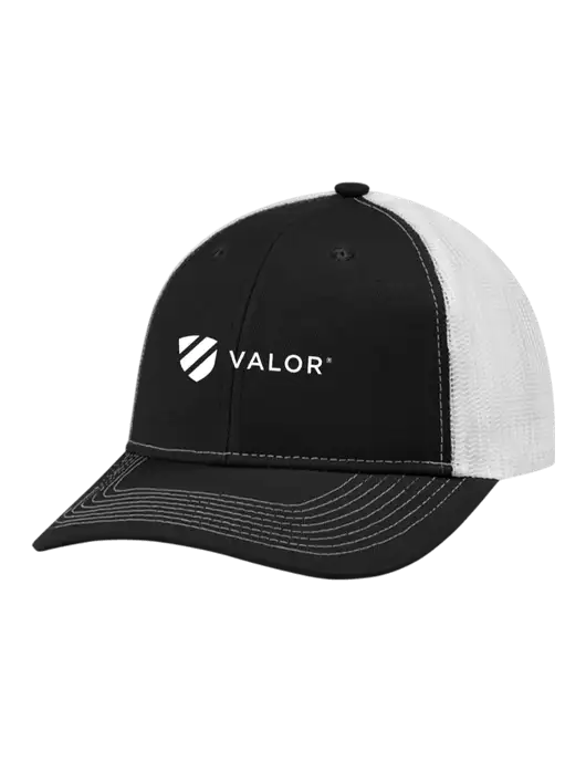 Snapback Ponytail Trucker Cap Black w/White Mesh w/Valor Logo