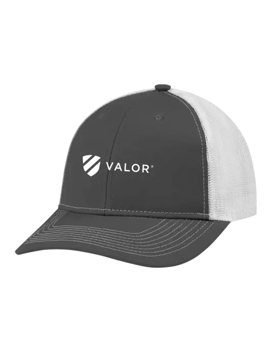 Snapback Ponytail Trucker Cap Dark Grey w/White Mesh w/Valor Logo