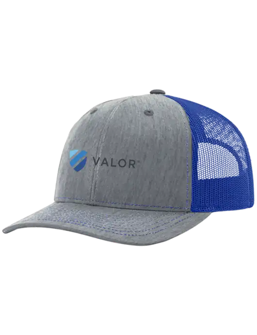 Richardson Adjustable Snapback Original 112 Trucker Cap Heather Light Grey w/Royal Mesh w/Valor Logo