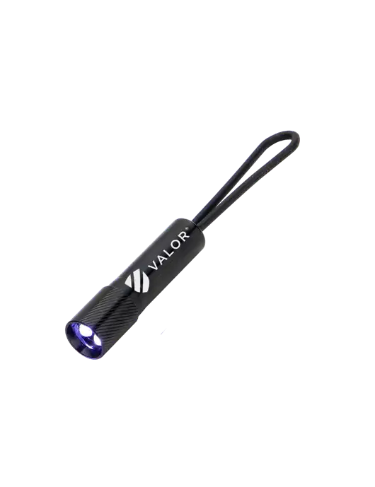 Mini Black LED Flashlight with Silicone Loop w/Valor Logo
