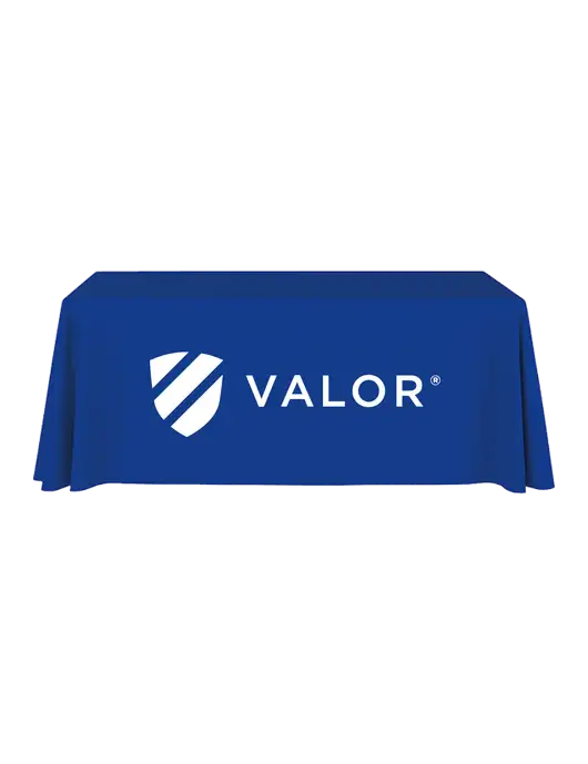 6' Stain-Resistant 4-Sided Dark Royal Table Cover w/Valor Logo