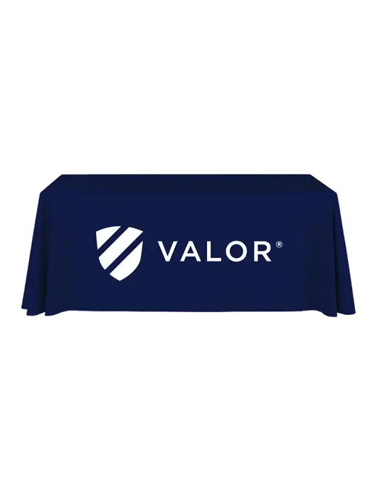 6' Stain-Resistant 4-Sided Dark Navy Table Cover w/Valor Logo